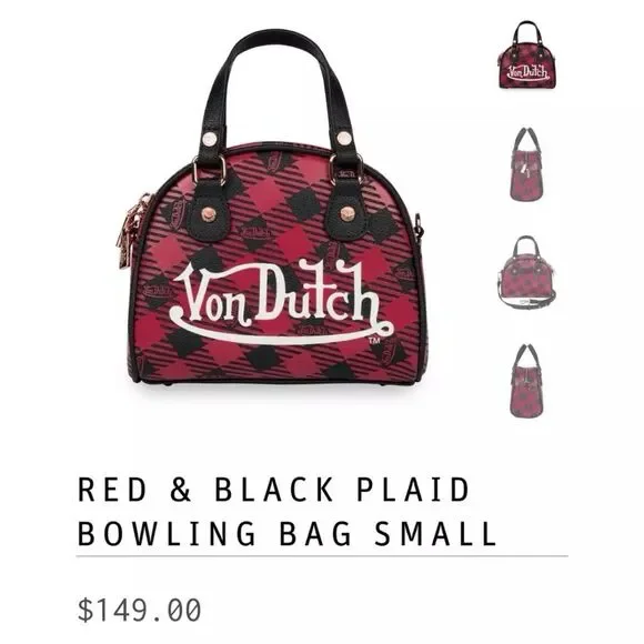 VON DUTCH Red and Black Plaid Mini Bowling Bag - Picture 11 of 11